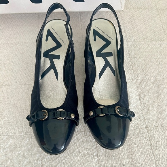 Anne Klein Slingback Wedge Shoes Navy Blue Glossy Toe Cap Comfort Davy size 8 - Picture 2 of 13